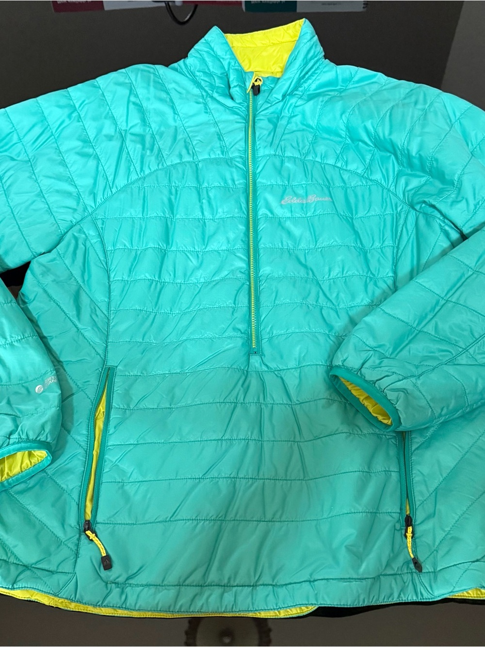 Eddie Bauer Aqua Teal Quilted Half-Zip Pullover with reversible to Yellow
